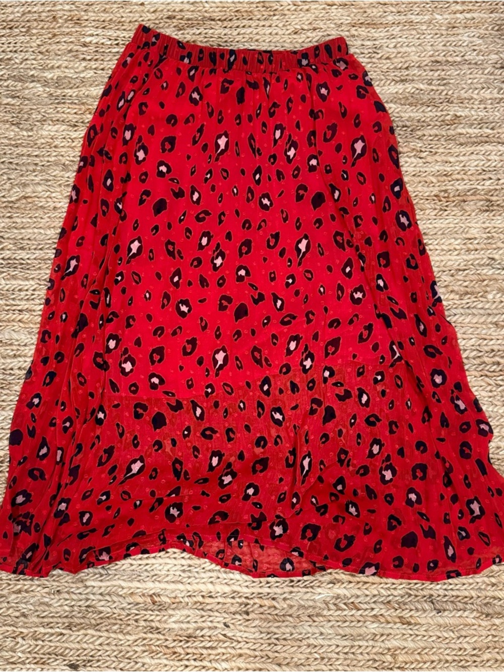 Red Leopard Print Midi Skirt with Elastic Waist